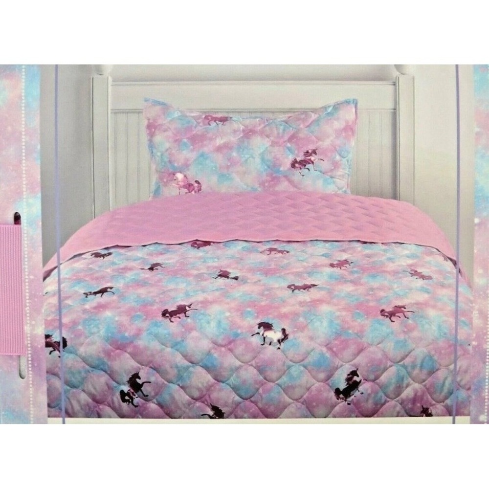 Kids Rule Unicorn 2 Piece‎ Twin Quilt Set Pink Blue Tie Dye Galaxy Metallic